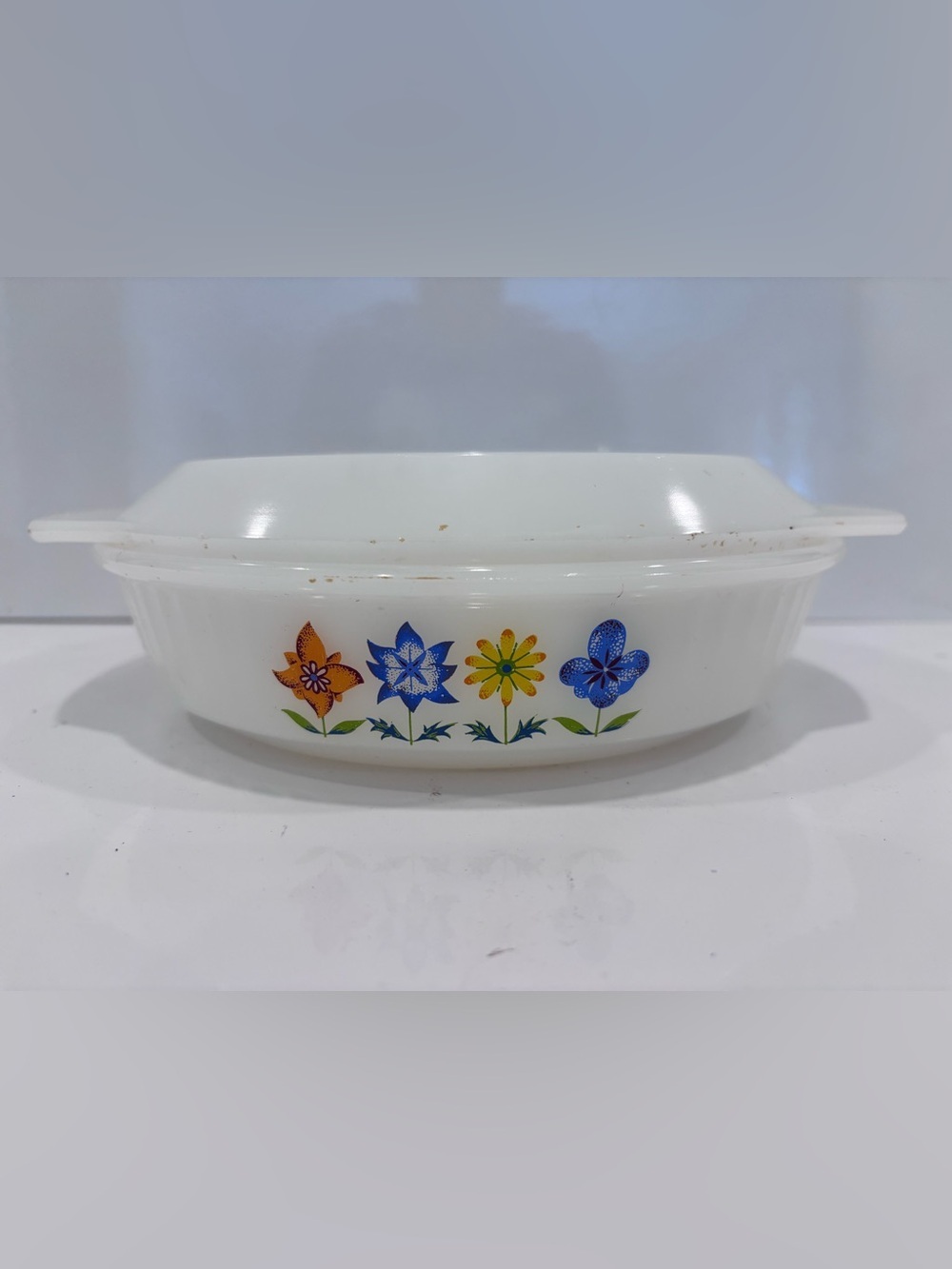 Vintage Glass Phoenix Opalware Dish White Folk Floral 8"